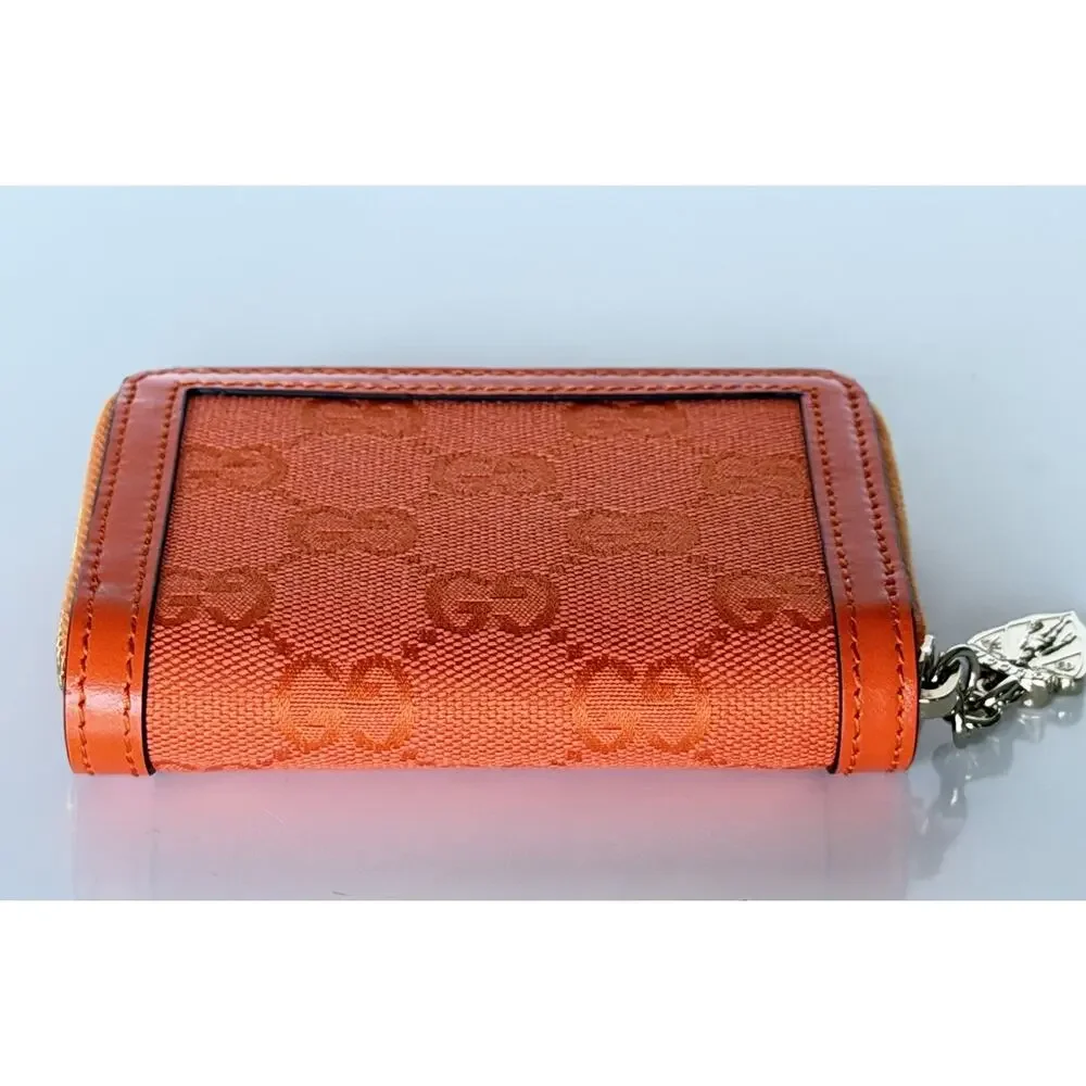 Gucci GG Print Bright Orange Zip Around Leather/Canvas Card Case Wallet IT NIB